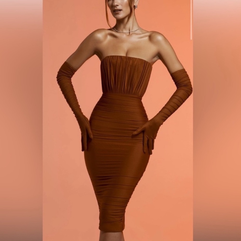 OH POLLY Cari Strapless Ruched Midi Midaxi Dress Copper Brown Size 4 NEW